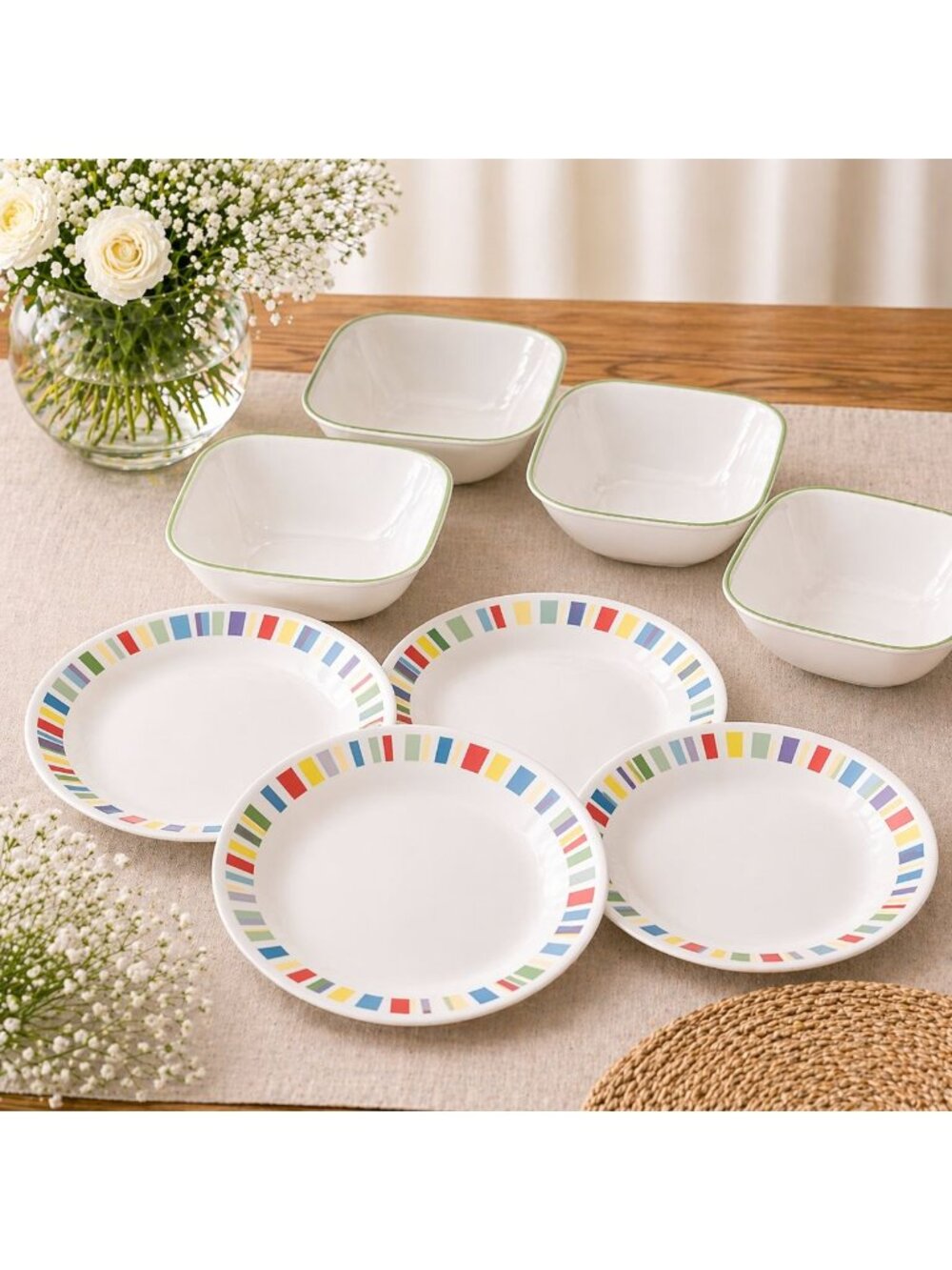 Corelle Livingware Memphis Pattern 4 Dinner Plates Bowls Multicolor Geometric